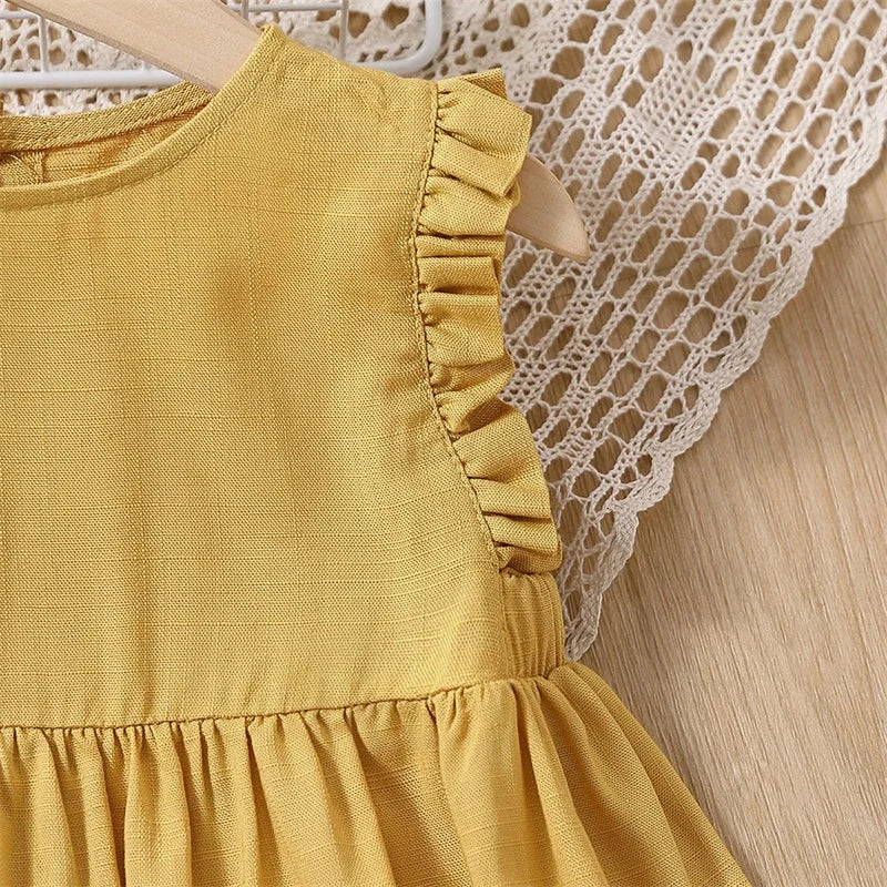 Wholesale Baby Girls Keyhole Dress Ruffle Trim Plicated Dress  Casual Solid Color Kids Summer  Clothes Cheap Dropshipping