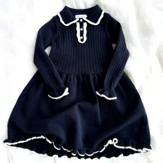 2025 Knitted Princess Dresses for Baby Girls Cute French Retro College Navy Blue Cashmere Sweater Dress Toddler Clothes Vestidos