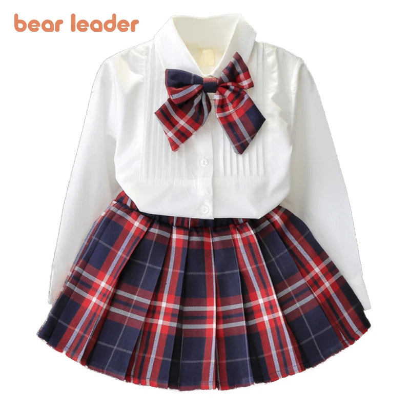 Bear Leader Girl Dress New  Princess Dresses Class Uniforms Kids Girls Bow T-shirt+Plaid Dress Children Costume Clothing 2pcs