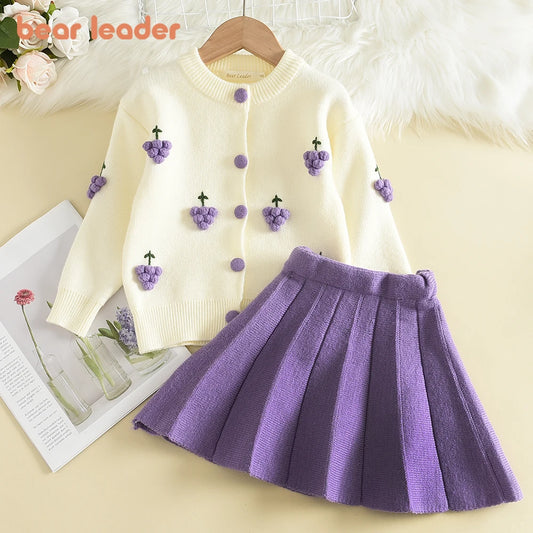 Bear Leader Baby Girls Clothes Set Autumn Winter Cartoon Grape Clothing Set New Kids Knitted Sweet Outfit Children Clothes Suit