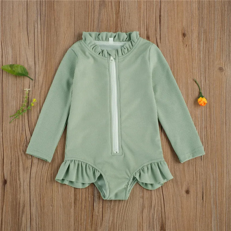 Knitted Front Zipper Long Sleeve Ruffles Summer Swimsuit