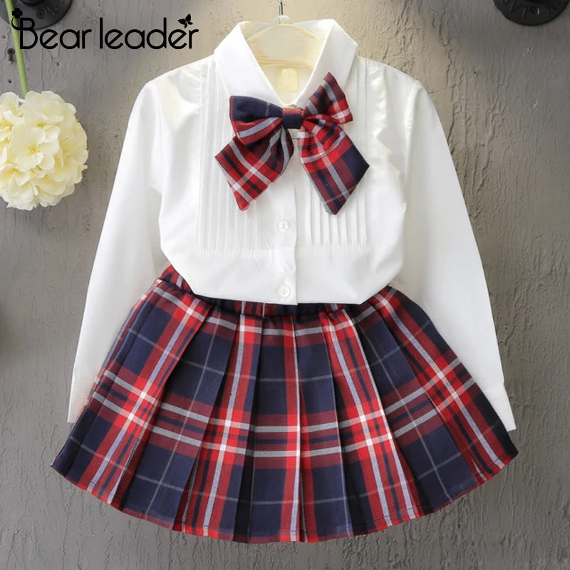 Bear Leader Girl Dress New  Princess Dresses Class Uniforms Kids Girls Bow T-shirt+Plaid Dress Children Costume Clothing 2pcs