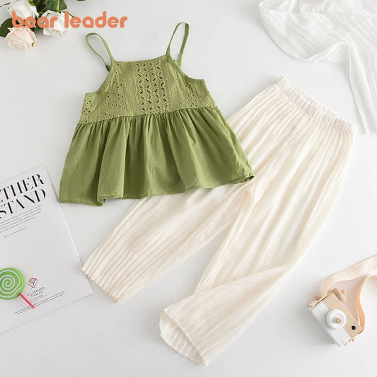 Bear Leader Toddler Girls Suit 2023 New Summer Hollow Suspender Top + Solid Color Trousers Fashion Suit Soft Clothes 2-7 Years