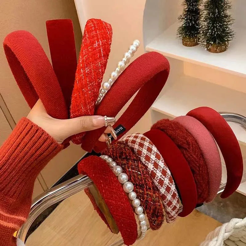 New Vintage Red Womens Headband Woolen Velvet Hair Band Headwear Girl Side Sponge Hair Hoop Christmas Day Hair Accessories