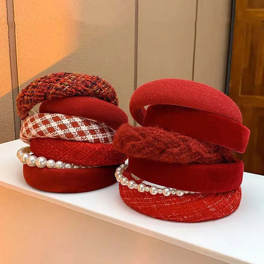 New Vintage Red Womens Headband Woolen Velvet Hair Band Headwear Girl Side Sponge Hair Hoop Christmas Day Hair Accessories