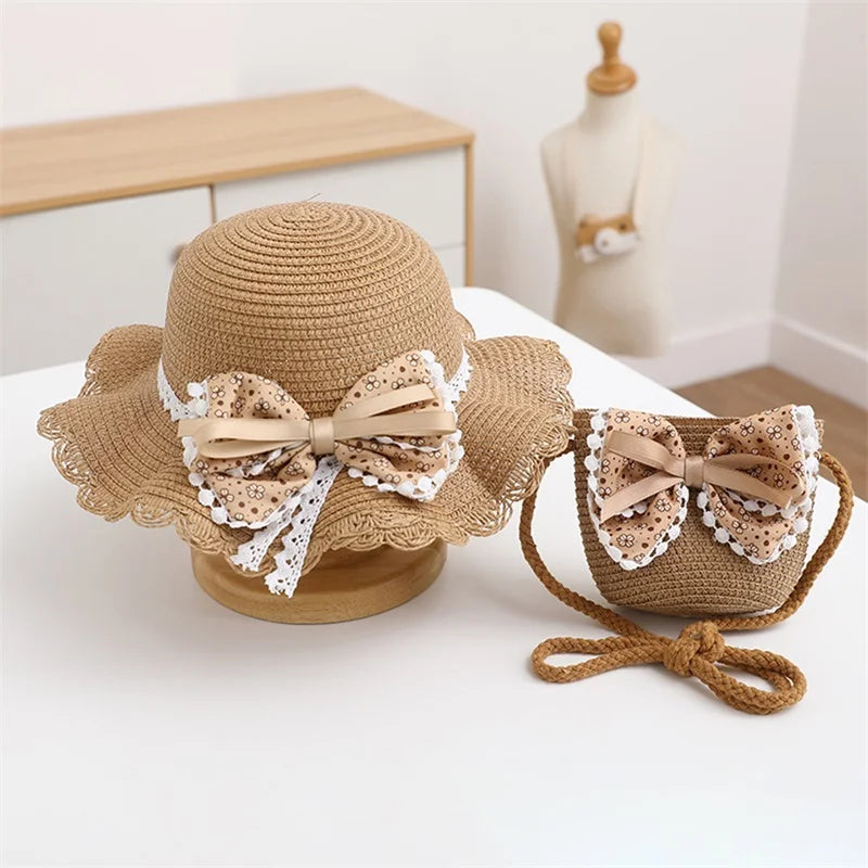 SXYPAYXS-Girls Summer Straw Sun Hat Summer Protection Wide Brim Reversible Beach Hats with Crossbody Bags for 2-7 Years Kids