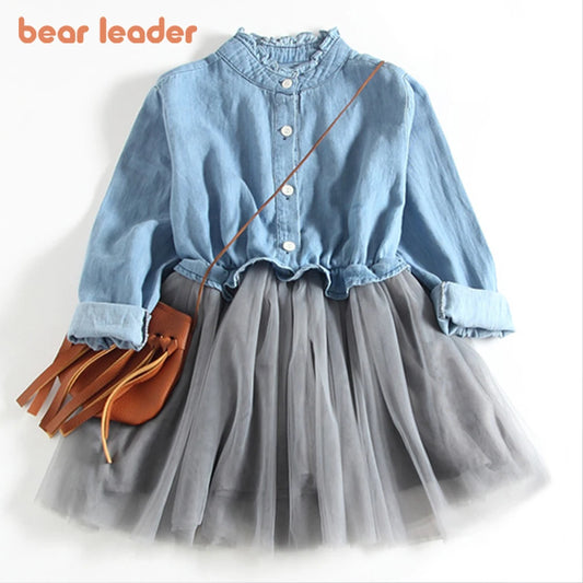 Bear Leader Girls Dress New Autumn Girl Cartoon Bunny Dress Long Sleeve Denim Embroidery Mesh Dress Kids Vestidos Clothing 3 7Y