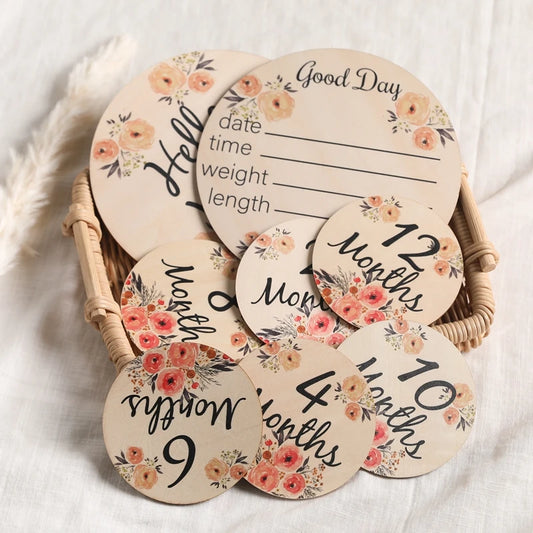 1Set Wooden Baby Milestone Cards Double Sided Flowers Monthly Milestone Cards Pregnancy Markers Newborn Photography Props