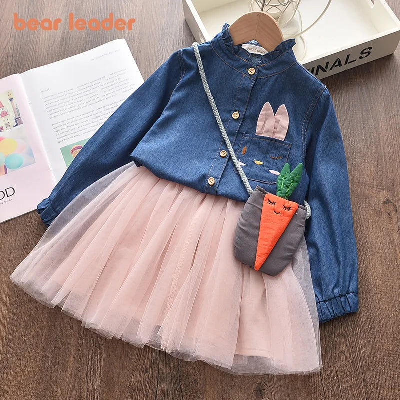 Bear Leader Girls Dress New Autumn Girl Cartoon Bunny Dress Long Sleeve Denim Embroidery Mesh Dress Kids Vestidos Clothing 3 7Y