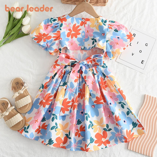 Bear Leader Girls Dresses 2023 Summer New Baby Girls Colourful Floral Short-sleeved Dresses 3-7 Years Old Girls Clothing