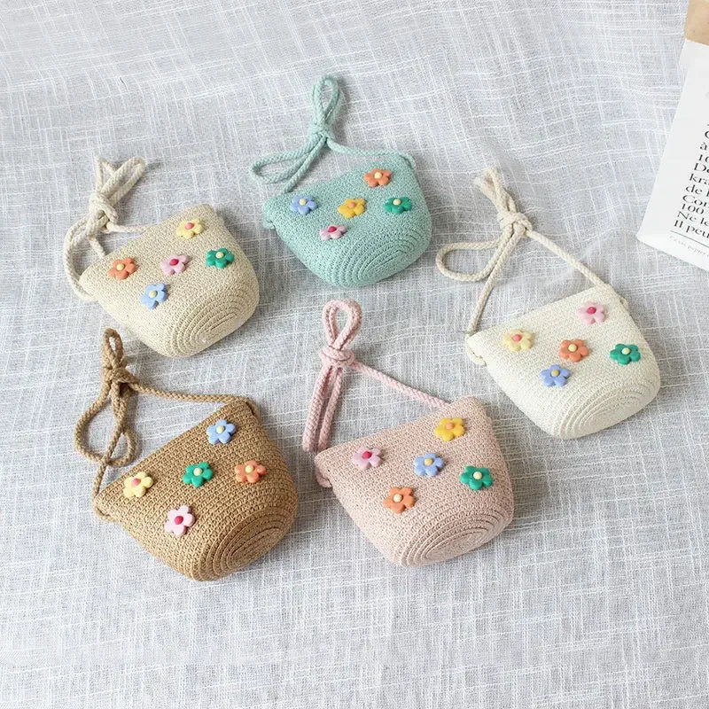 Summer Children's Straw Woven Messenger Bag Lovely Girls Small Coin Purse Handbags Baby Kids Mini Shoulder Bags Princess Wallet