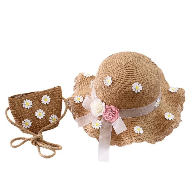 Kids Sun Hat Girls Summer New Straw Bag Cap Set Baby Travel Sun Protection Beach Hats Sun Fisherman Hat
